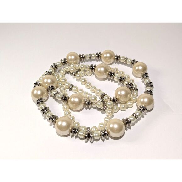 Off White Silver Tone Rhinestone Double Strand Necklace - Picture 6 of 9